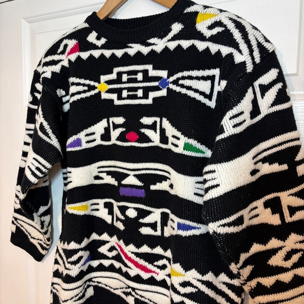 Sterling Harris Vintage 80s Geometric Tribal Abstract Knit Sweater M Black White